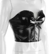 Women Sexy Tube Tops Steampunk Corset Back Zipper Shiny PU Leather Bustier Black