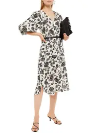 RRP€915 ZIMMERMANN Linen A-Line Dress US4 AU0 XS Roses Print Belted Y-Neck