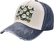 [YANYU] Floral Flowers Daisies Print Fashion Washed Distressed Baseball Cap Vintage Adjustable Hat with Classic Brim, Navy Blue, One Size