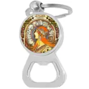 Alphonse Mucha La Plume Bottle Opener Keychain - Metal Beer Bar Tool Key Ring