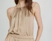 $295 Theory Women's Beige Blouson Rumpled Satin Halter Top Size M