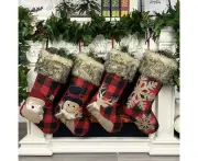 18" Big Christmas Stockings 4 Pack Xmas Stockings Burlap Plaid Style Snowflake Santa Snowman Reindeer Plush Faux Fur Cuff Family Pack Stockings