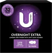 U by Kotex Extra Overnight Pads Long with Wings 32 Pack (4 X 8 Pack) - Packag...