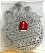 Enchanted Forest Silver Glitter Christmas Ornaments 9” Ball with Bow (Pack Of 3)