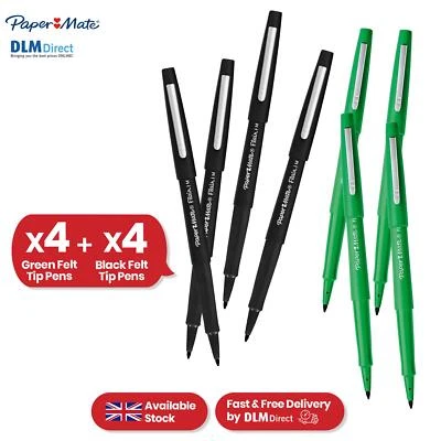 Papermate Flair Felt-Tip Pen Bundle Black Pack of 4 & 4x Green Pens for Writing