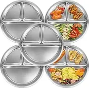 Alerrawia Set of 5 Plates, Portion Control Platter with 3-Compartment.Compartment, Unbreakable Dinner Plates, Divided Food Tray Stainless Steel Plate for Adults, Camping, Lunch and Dinner