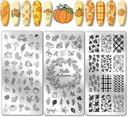PH PandaHall Autumn Thanksgiving Theme Nail Stamping Plate 88 Patterns Stainless Steel Nail Stencil 3 Pieces Leaves Pumpkins Plaid Autumn Blessing Nail Art Plate for Nail Art Design 12 x 6 cm