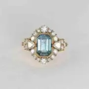 Art Deco Style Lab-Created Diamond Emerald Cut Aquamarine Ring 14K White Gold FN