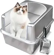 Aothey Stainless Steel Litter Box with Metal Lid and Scoop - Enclosed Metal Litter Box for Large Cats, Rust-Resistant, Odor-Control, Easy to Clean, Durable & Long-Lasting with Round Edge (L)
