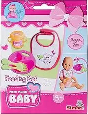 Simba 105560016 - New Born Baby Feeding Set, Doll Accessories, for 30-43 cm Dolls, 5 Pieces, Plate, Spoon, Fork, Bib and Learning Cup, from 3 Years