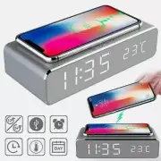 Wireless Phone Charger USB LED Digital Desk Alarm Clock With Thermometer