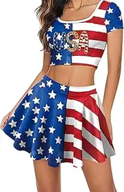 [Generic] 4th of July Outfits for Women Two Piece American Flag Mini Pleated Skirt with Top Crop Set Cheerleading Dress Uniforms ﻿