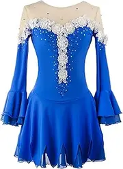 [Zagitova] Ice Figure Skating Dress for Girls, Long Sleeves Mesh Breathable Stage Dance Costume, Skating Outfit