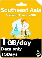 South East Asia Prepaid Travel eSIM Card - 1GB/Day | 15 or 30 Day Options | 5 Countries: Thailand, Singapore, Malaysia, Indonesia & Vietnam (1GB/Day (15 Days))