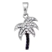 14k White Gold Round Black Diamond Palm Tree Pendant 1/8 Cttw
