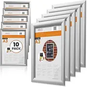 [Deflecto] A3 Snap Frame (Pack of 10) - Elegant Silver Aluminium Clip Frame for Wall Display - Certificate and Poster Holder with Front Opening Clips