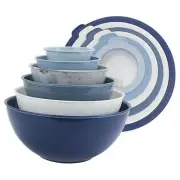 Mixing Bowls with TPR Lids - 12 Piece Plastic Nesting Blue and White TPR Lids