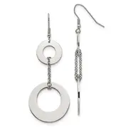 Stainless Steel Chisel Polished Circles Dangle Shepherd Hook Earrings