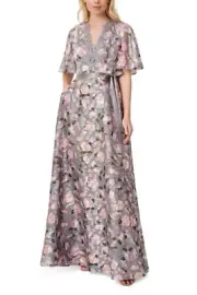 Aidan Mattox V- Neck Flutter Short Sleeves Satin Waist Tie Belt Back Zipper