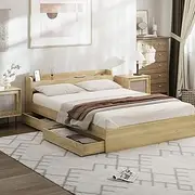 Oikiture Bed Frame Queen Size with Bed Head Shelf and Two Drawers Pine Wood Frame Platform Bed, Wooden