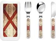 Alabama State Flag On Old Wood Grain Postcard 3 Piece Set For Camping Stainless Steel Flatware, Spoon, Fork, Knife, Ideal For Outdoor