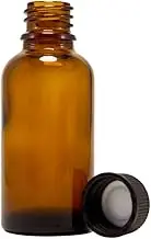 (Pack of 4) - 1oz Amber Glass Bottles for Essential Oils - Mini Boston Round Bottles with Lids - Black Plastic Cap
