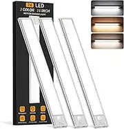 Under Cabinet Lighting Wireless, 74 LED Motion Sensor Light Indoor, 3 Color Dimmable Closet Lights Battery Operated, Rechargeable Magnetic Light, Under Counter Lights for Kitchen, Stairs, Home (3Pack)