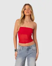 EDIKTED Womens Celestia Sheer Mesh Tube Top RED
