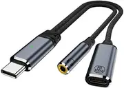 USB Type C to 3.5mm Headphone and Charger Adapter, 2-in-1 USB C to Aux Audio Jack Hi-Res DAC and PD 100W Fast Charging Dongle Cable Compatible with i-Phone 16/15 Pro Max,Ga-laxy S24 S23 (Grey)