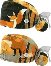 [YTYVAGT] 2-Pc,Nurse Scrub Caps,Scrub Hats with Buttons and Cotton Sweatband,Forest Full Moon Fox