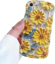 RRFNNF Oil Painting Flower Compatible with iPhone 8 / iPhone 7 / iPhone SE 2020/ iPhone SE 2022 Case, Cute Curly Wave Frame Colorful Floral Soft Protective Case for Women Girls (Yellow)