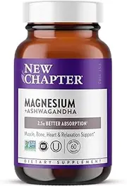 New Chapter Magnesium, Magnesium + Ashwagandha Supplement, 2.5X Absorption, Muscle Recovery, Heart & Bone Health, Calm & Relaxation, Gluten Free, Non-GMO - 60 ct
