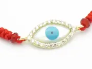 18KT YELLOW GOLD STERLING SILVER DIAMOND SET EVIL EYE MOP RED KABBALAH BRACELET