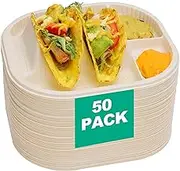 Viotiin 50 Pieces Disposable Taco Plates, Biodegradable Taco Plates with 2 Dividers, Fiesta Taco Holder Plates for Soft/Hard Shell Tacos, Great for Taco Tuesday, Taco Party, Microwave Safe