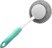 Long Handle Steel Wire Scrubber for Pots Pans, Heavy Duty Kitchen Cleanup Ball with PP Handle, Antirust Oil Stain Remover for Cookware and Dishes (Green)