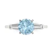 2 Round Baguette 3 stone Natural Aquamarine Promise Wedding Ring 14k White Gold