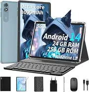 QDDQ Tablet 10 Inch with Keyboard, Android 14 Tablet with 24GB + 256GB, 1TB Expand, 8-Core, 8000mAh, 5G WiFi, Widevine L1, GMS, 1280P FHD, 2 in 1 with Keyboard, Mouse, Stylus (Black)