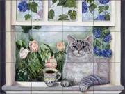 Ceramic Tile Mural Kitchen Backsplash Paterson Coffee Cat Art CPA001