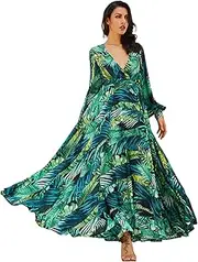 [R.Vivimos] Women Chiffon Print V Neck Long Sleeve Tie Waist Casual Boho Maxi Dresses