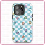 Checkered Flowers (Blue) iPhone Case Tough Pro 13 Max 16 15 14 MagSafe