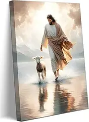 Jesus Walks On Water Canvas Wall Art Christ Saves The Lost Lamb Painting Wall Decor Christian Poster Print Follow Me Artwork Picture Decoration For Living Room Bedroom Church Ready To Hang