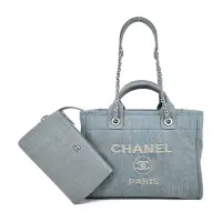 在飛比找Yahoo奇摩購物中心優惠-CHANEL 經典Deauvill帆布鏈帶小號托特包(灰藍)
