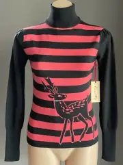 ALANNAH HILL "Deer Oh Deer" Grey/ Salmon Wool Knit Turtleneck Sweater Size 10