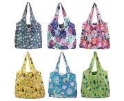 6Pcs Shopping Bag Cartoon Pattern Reusable Grocery Bags Foldable Portable Tote Bags for Outdoor Travel-E