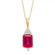Emerald-Cut Lab-Created Ruby and 0.07 CT. T.W. Diamond Geometric Pendant in 10K Yellow Gold