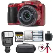 Kodak PIXPRO AZ255 Digital Camera (Red) + Extra Battery + Flash - 32GB Kit