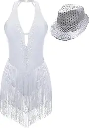 [TiaoBug] Women V Neck Tassel Fringed Bodysuit Latin Tango Dance Dress with Sequin Hat Performance Costume