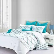White and Turquoise Blue Quilt Cover Set, Rich Diamond Pintuck Pleated Pattern Design, 3pcs Doona Cover Set (Queen Size)