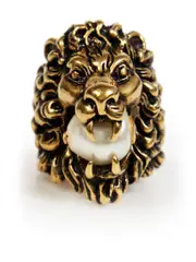 Gold Plated Lion Head Glass Pearl Ring