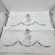 Set 2 Fancy Work Embroidered Pillowcases Angel Lavender Dress Bed Breakfast